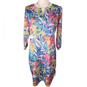 Caribbean Joe V Neck Multicolor Tropical Print 3/4 Sleeves Tunic Dress M